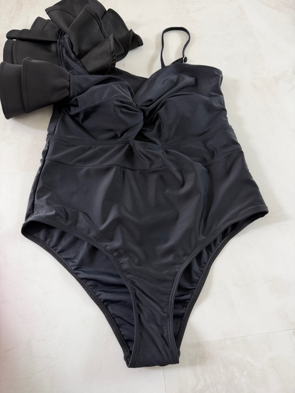 Black One-Shoulder Ruffle Swimsuit